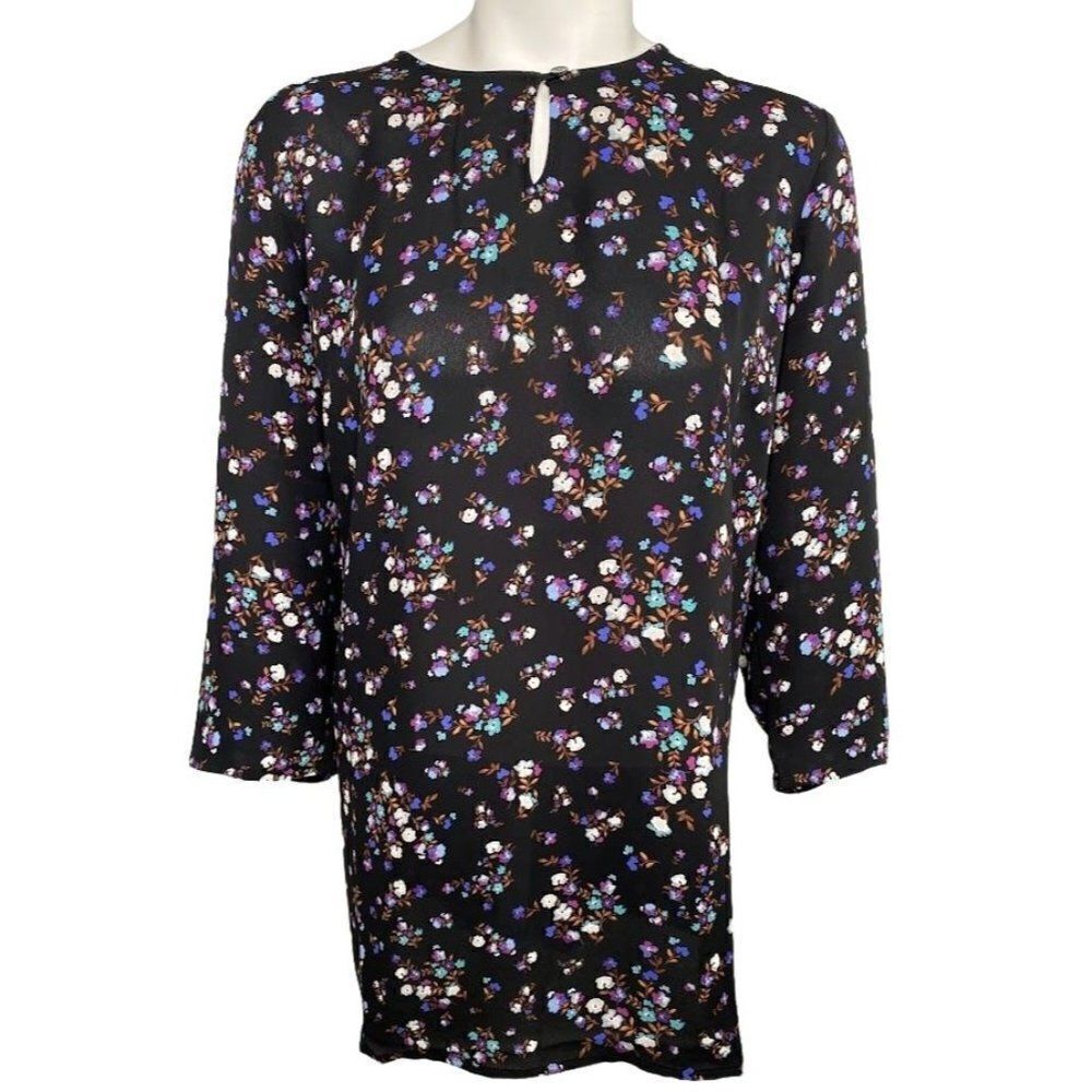 J Jill Black Floral Long Sleeve Accordian Pleated Back Blouse Top sz Medium NEW‎